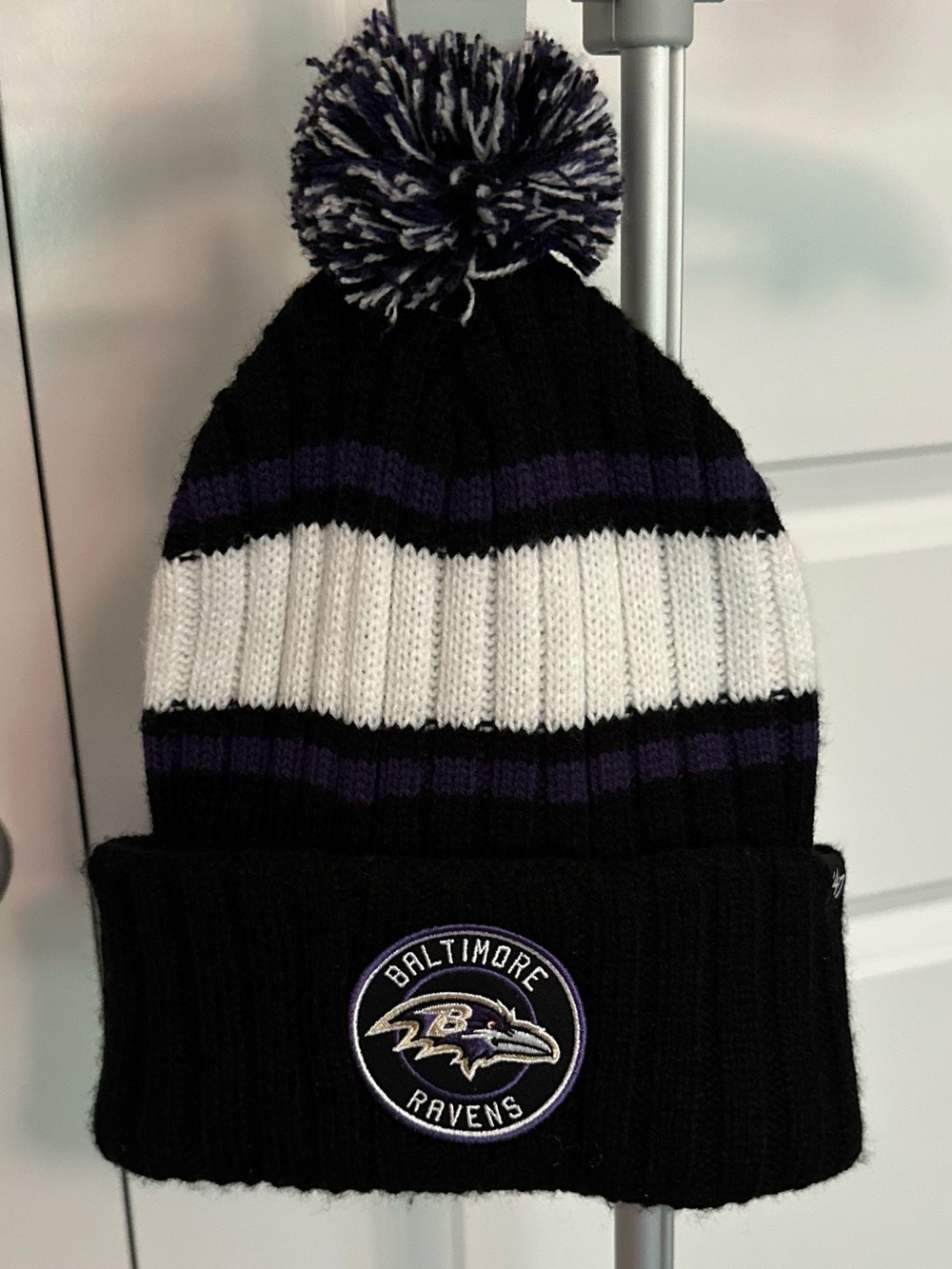 Baltimore Ravens Knit Pom Beanie in Black, Purple & White